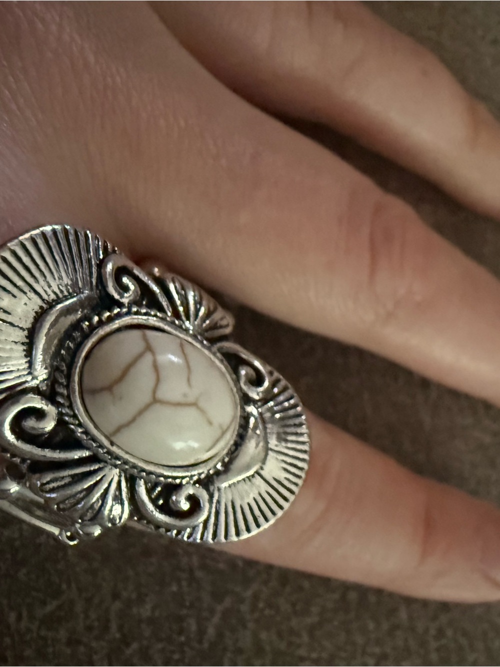 Silver Filigree Ring with White Howlite Stone